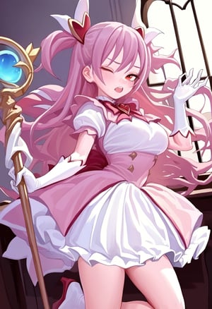 by fkey, masterpiece, best quality, 1girl, magical girl, pink hair, long hair, red eyes, two side up, cute, large breasts, brooch, white gloves, short sleeves, white dress, pink dress, open mouth, one-eye closed, frills, frilled dress, virtual youtuber, hair ornaments, magic staff, indoors, standing on one leg, holding staff, heart