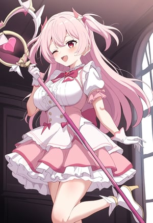 by sincos, masterpiece, best quality, 1girl, magical girl, pink hair, long hair, red eyes, two side up, cute, large breasts, brooch, white gloves, short sleeves, white dress, pink dress, open mouth, one-eye closed, frills, frilled dress, virtual youtuber, hair ornaments, magic staff, indoors, standing on one leg, holding staff, heart