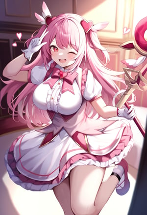 by pon_\(ponidrop\), masterpiece, best quality, 1girl, magical girl, pink hair, long hair, red eyes, two side up, cute, large breasts, brooch, white gloves, short sleeves, white dress, pink dress, open mouth, one-eye closed, frills, frilled dress, virtual youtuber, hair ornaments, magic staff, indoors, standing on one leg, holding staff, heart