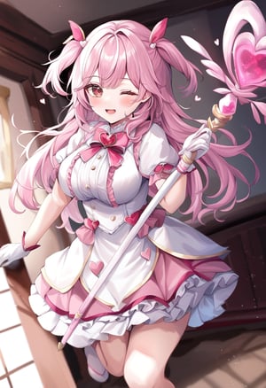 by momoko_\(momopoco\), masterpiece, best quality, 1girl, magical girl, pink hair, long hair, red eyes, two side up, cute, large breasts, brooch, white gloves, short sleeves, white dress, pink dress, open mouth, one-eye closed, frills, frilled dress, virtual youtuber, hair ornaments, magic staff, indoors, standing on one leg, holding staff, heart