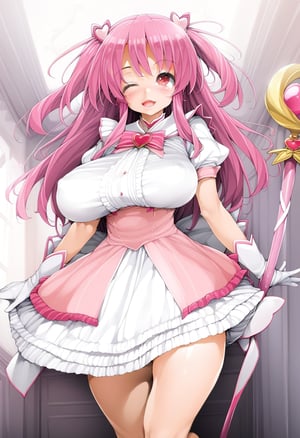 by ishikei, masterpiece, best quality, 1girl, magical girl, pink hair, long hair, red eyes, two side up, cute, large breasts, brooch, white gloves, short sleeves, white dress, pink dress, open mouth, one-eye closed, frills, frilled dress, virtual youtuber, hair ornaments, magic staff, indoors, standing on one leg, holding staff, heart