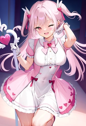 by mignon, masterpiece, best quality, 1girl, magical girl, pink hair, long hair, red eyes, two side up, cute, large breasts, brooch, white gloves, short sleeves, white dress, pink dress, open mouth, one-eye closed, frills, frilled dress, virtual youtuber, hair ornaments, magic staff, indoors, standing on one leg, holding staff, heart