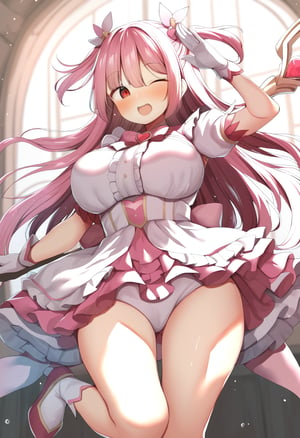 by b-ginga, masterpiece, best quality, 1girl, magical girl, pink hair, long hair, red eyes, two side up, cute, large breasts, brooch, white gloves, short sleeves, white dress, pink dress, open mouth, one-eye closed, frills, frilled dress, virtual youtuber, hair ornaments, magic staff, indoors, standing on one leg, holding staff, heart