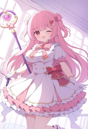 by tyakomes,masterpiece, best quality, 1girl, magical girl, pink hair, long hair, red eyes, two side up, cute, large breasts, brooch, white gloves, short sleeves, white dress, pink dress, open mouth, one-eye closed, frills, frilled dress, virtual youtuber, hair ornaments, magic staff, indoors, standing on one leg, holding staff, heart