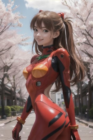 masterpiece, best quality, 1girl, souryuuasukalangley, plugsuit 02, interface headset, looking at viewer, light smile, upper body, science fiction city, park, cherry blossoms, arms behind back 