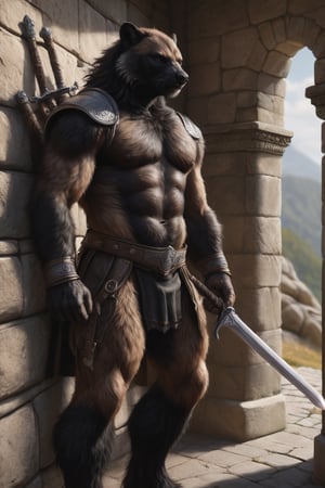 realistic, hyperrealism, full-length Photo, ((male anthro wolverine, light brown color natural fur, full black chest fur, full black abdomen fur)), top of head has dark brown fur, (((low ears, small ears, ears on side of head))), He has a long torso, (plantigrade paws), (muscular:0.4), (chubby:0.8),  
BREAK
cinematic scene, full-length portrait, dressed in fantasy D&D style ranger armor, His fur is realistic and colors are natural, Footpaws are plantigrade and uncoverd to show black claws, ((his face is black furred)), sneaking carefully along an acient castle wall, he has gear for a long journey, ancient sword held firmly in hand, Extremely Realistic