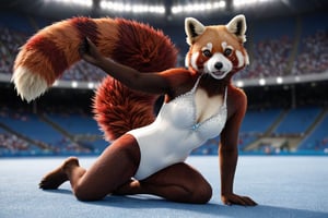 full body image, establishing shot,  photorealism, photorealistic, solo (female anthro red panda gymnast:1.3), black chest and stomach,  detailed fur, open smile,  (tail:1.2), (she is wearing a  white leotard decorated with rhinestones), She is in olympic gymnastic performing over a blue floor.  her body is supple and graceful and her poses are elegant,  Her handpaws have five fingers with claws, , (She has a very long and thin torso, she has very short legs:1.3), arena with crowd in shadow in far distance, (the floor is completely blue), graceful handstand, 