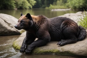 full body photo, photorealistic, an male anthro wolverine with  brown fur, large amber eyes, (black penis, saggy furry balls))), ((fully black face, fully black nose bridge, fully black snout, fully black chest)), ((small ears, tiny ears, short ears)), ((large head)),  plantigrate footpaws with 5 toes and claws,  relaxing on a riverbank along a river, ((he is laying on his back with thighs slightly spread)), (stocky body), medium length bushy tail,