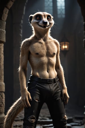 realistic, realism, large male were-meerkat, fangs, ripped pants, bulge, gothic castle, dark, moody, filtered lights, thick fur, amber eyes,