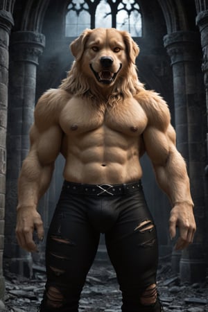 realistic, realism, large male were-golden retreiver, fangs, ripped pants, bulge, gothic castle, dark, moody, filtered lights, thick fur, amber eyes,