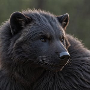  Solo male anthro wolverine, medium distance shot, (His ears are small and low on his head).  (Fully black face, fully black snout), (larger anber eyes:1.0), 