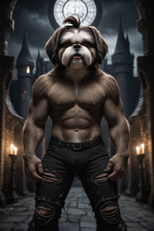 realistic, realism, large male were-shih tzu, fangs, ripped pants, bulge, gothic castle, dark, moody, filtered lights, thick fur, amber eyes,