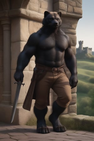 realistic, hyperrealism, full-length Photo, ((male anthro wolverine, light brown color natural fur, full black chest fur, full black abdomen fur)), top of head has dark brown fur, (((low ears, small ears, ears on side of head))), He has a long torso, (plantigrade paws), (chubby:0.8),  
BREAK
cinematic scene, full-length portrait, dressed in fantasy D&D style ranger armor, His fur is realistic and colors are natural, Footpaws are plantigrade and uncoverd to show black claws, sneaking carefully along an acient castle wall, he has gear for a long journey, ancient sword held firmly in hand, Extremely Realistic