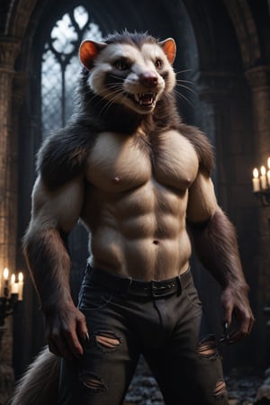 realistic, realism, large male wereferret, fangs, ripped pants, bulge, gothic castle, dark, moody, filtered lights, thick fur, amber eyes,