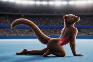 full body image, establishing shot,  photorealism, photorealistic, solo (female anthro mink gymnast with brown fur:1.3), detailed fur, fluffy tail, (she is wearing a red leotard decorated with rhinestones), She is in olympic gymnastic performance on a blue floor.  her body is supple and graceful and her poses are elegant,  Her handpaws have five fingers with claws, her footpaws have five toes with claws, (She has a very long and thin torso, she has very short legs:1.3), arena with crowd in shadow in far distance, (the floor is completely blue), eligant athletic female gymnast back bend pose, rear view, 