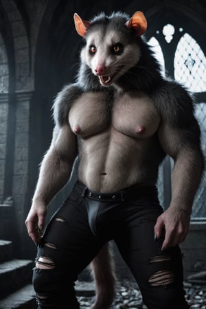 realistic, realism, large male were-possum, fangs, ripped pants, bulge, gothic castle, dark, moody, filtered lights, thick fur, amber eyes, possum tail, 