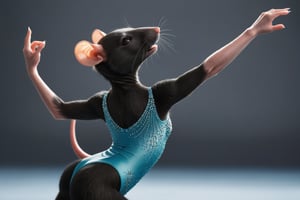 full body image, photorealism, photorealistic, solo (female anthro rat gymnast with black fur:1.3), long tail, short ears, she is wearing a aqua leotard decorated with rhinestones, She is in olympic gymnastic performance.  her body is supple and graceful and her poses are elegant,  Her handpaws have five fingers with claws, her footpaws have five toes with claws, (She has a very long and thin torso, she has very short legs:1.3), (the floor is completely blue),