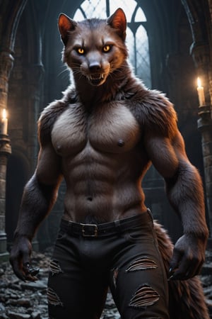 realistic, realism, large male were-marten, fangs, ripped pants, bulge, gothic castle, dark, moody, filtered lights, thick fur, amber eyes,