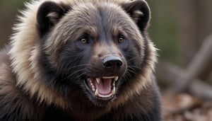  Solo male wolverine with dark brown fur, medium shot, blond head fluff, slight open mouth, (His ears are small and close to the head). Fully black face, fully black snout, 