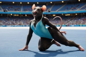 full body image, establishing shot,  photorealism, photorealistic, solo (female anthro black rat gymnast:1.3), black chest and stomach,  detailed fur, open smile,  (tail:1.2), (she is wearing an aqua leotard decorated with rhinestones), She is in olympic gymnastic performing over a blue floor.  her body is supple and graceful and her poses are elegant,  Her handpaws have five fingers with claws, , (She has a very long and thin torso, she has very short legs:1.3), arena with crowd in shadow in far distance, (the floor is completely blue), flip, 