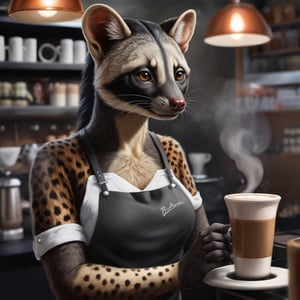 realistic, hyperrealism, anthro female palm civet working as a barrista, she is brewing an espresso,