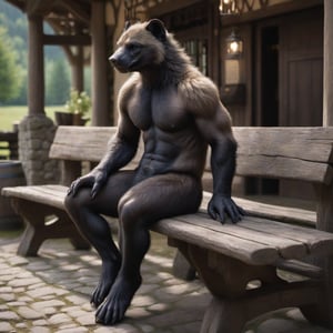 photorealistic, realistic, hyperrealism, full-length Photo, ((male anthro wolverine with  light brown natural fur)), ((full black chest fur, full black abdomen fur)),  (((very short ears, very small ears, ears on side of head))),  ((long body)), ((short legs)), ((plantigrade footpaws with five toes and claws)), (hands with five fingers and claws), ((stocky body)), seated on a large wooden bench outside a rustic ancient tavern made with strone walls, all elements of the tavern look old and shabby, 