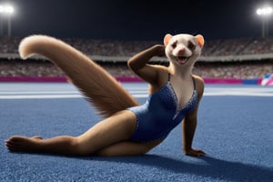 full body image, establishing shot,  photorealism, photorealistic, solo (female anthro sable ferret gymnast:1.3), open smile, detailed fur, long tail, (she is wearing a blu leotard decorated with rhinestones), She is in olympic gymnastic performance on a blue floor.  her body is supple and graceful and her poses are elegant,  Her handpaws have five fingers with claws, her footpaws have five toes with claws, (She has a very long and thin torso, she has very short legs:1.3), arena with crowd in shadow in far distance, (the floor is completely blue), eligant athletic female gymnast performing a backflip