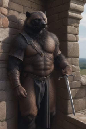 realistic, hyperrealism, full-length Photo, ((male anthro wolverine, light brown color natural fur, full black chest fur, full black abdomen fur)), top of head has dark brown fur, (((low ears, small ears, ears on side of head))), He has a long torso, (plantigrade paws), (chubby:0.8),  
BREAK
cinematic scene, full-length portrait, dressed in fantasy D&D style ranger armor, His fur is realistic and colors are natural, Footpaws are plantigrade and uncoverd to show black claws, ((his face is black furred)), sneaking carefully along an acient castle wall, he has gear for a long journey, ancient sword held firmly in hand, Extremely Realistic