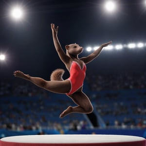 full body image, photorealism, photorealistic, solo (female anthro mink gymnast with brown fur:1.3), long tail, short ears, she is wearing a red leotard decorated with rhinestones, She is in olympic gymnastic performance.  her body is supple and graceful and her poses are elegant,  Her handpaws have five fingers with claws, her footpaws have five toes with claws, (She has a very long and thin torso, she has very short legs:1.3), (the floor is completely blue), layout backflip in mid air,  