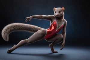 full body image, photorealism, photorealistic, solo (female anthro mink gymnast with grey fur:1.3), long tail, short ears, she is wearing a red leotard decorated with rhinestones, She is in olympic gymnastic performance.  her body is supple and graceful and her poses are elegant,  Her handpaws have five fingers with claws, her footpaws have five toes with claws, (She has a very long torso, she has very short legs:1.3), (the floor is completely blue)  