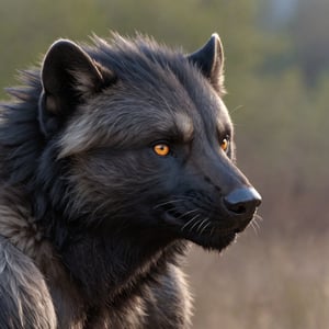  Solo male anthro wolverine, distance shot, (His ears are small and low on sides of his head:1.2).  (Fully black face, fully black snout), (larger amber eyes:1.0), 