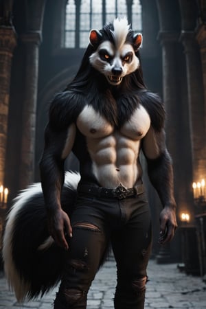 realistic, realism, large male were-skunk, fangs, ripped pants, bulge, gothic castle, dark, moody, filtered lights, thick fur, amber eyes,