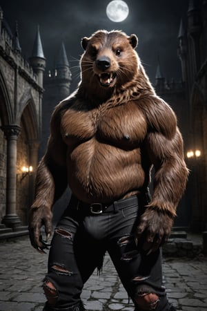 realistic, realism, large male were-beaver, fangs, ripped pants, bulge, gothic castle, dark, moody, filtered lights, thick fur, amber eyes, beaver tail, 