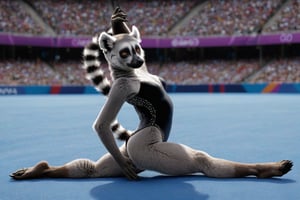 full body image, establishing shot,  photorealism, photorealistic, solo (female anthro lemur gymnast:1.3),  detailed fur,  (tail:1.3), (she is wearing a  black leotard decorated with rhinestones), She is in olympic gymnastic performance on a blue floor.  her body is supple and graceful and her poses are elegant,  Her handpaws have five fingers with claws, , (She has a very long and thin torso, she has very short legs:1.3), arena with crowd in shadow in far distance, (the floor is completely blue), graceful athletic female gymnast performing backbend