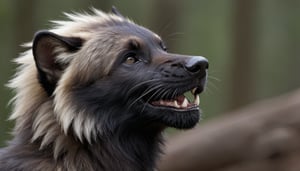  Solo male wolverine with dark brown fur, medium shot, blond head fluff, slight open smile, (His ears are small and close to the head). Fully black face, fully black snout, 