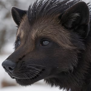  Solo male anthro wolverine, distance shot, (His ears are small and low on sides of his head:1.4).  (Fully black face, fully black snout), (large eyes:1.1), 