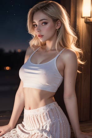(best quality, realistic:1.2), ultra-detailed, professional, vivid colors, portrait, beautiful detailed eyes, beautiful detailed lips, long eyelashes, flowing white hair, seductive pose, purple glowing eyes, fashionable crop top, flowing skirt, soft parted lips, natural blush, night scene, blooming flowers, warm sunlight