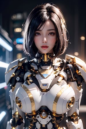 (Ultra-shiny gold and silver cyborg body covering the body:1.5), bob cut,powerful light on the chest,Young Sensual Gravure Idol, teats, (huge tit:1.6), cyberpunked,  Golden ratio ratio, face perfect, a Pretty face, The face of a young actress in Japan, (black hair:1.6), Tied waist, Colossal tits, perfect foot, perfect hand, Clean facial skin, perfect fingers, bob cut, Smiled face, A futuristic, depth of fields, reflective light, retinas, awardwinning, hight resolution, (Blue light on both wrist:1.4), Lights are shining all over the body, High detailed, parted lips, mecha, asian girl, 1girl, solo, beauty face, perfect face, mecha, full cyborg body,  reflection light, 8K, Anatomically correct, Textured skin, high details, High quality, 8k, UHD, masterpiece, ccurate, super detail, high details, high quality,Cyborg suit,highres,mecha,1girl,solo,breasts,cyberpunk