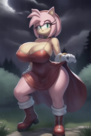 forest, night, clouds, rain, amy rose, red headband, short hair, sonic the hedgehog \(series\), boots, gloves, dress
Big breasts, Curvy,