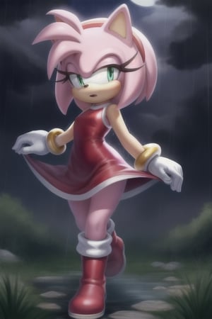 forest, night, clouds, rain, amy rose, red headband, short hair, sonic the hedgehog \(series\), boots, gloves, dress,