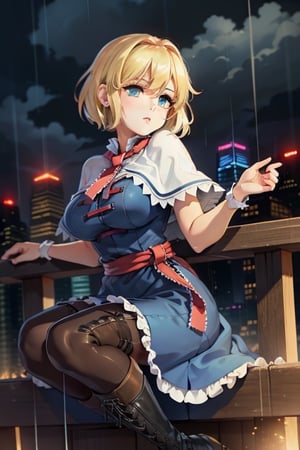 city, night, clouds, rain, alice margatroid, shanghai doll, 1girl, blonde hair, blue eyes, capelet, boots,dress,sash, bow, hair bow, short hair, cross-laced footwear, blue dress, lace-up boots, big breasts, pantyhose, curvy,