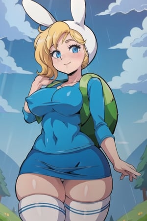 forest, night, clouds, rain, Fionna, thighhighs, blue shirt, skirt, rabbit hood, bag, big breasts, thick thighs,