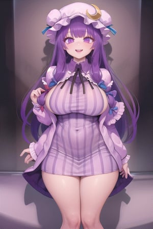 patchouli knowledge, 1girl,purple hair,purle eyes,long hair, mob cap,crescent hat ornament, ribbon,dress,
Big breasts, curvy, thick thighs, smile, happy,