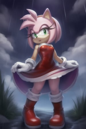 forest, night, clouds, rain, amy rose, red headband, short hair, sonic the hedgehog \(series\), boots, gloves, dress,