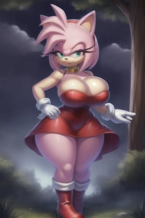 forest, night, clouds, rain, amy rose, red headband, short hair, sonic the hedgehog \(series\), boots, gloves, dress
Big breasts, Curvy, thick thighs,