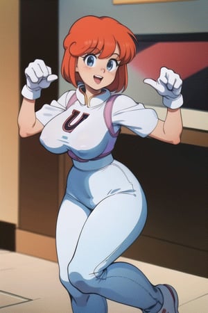 winbee, 1girl, white gloves, pants, shirt, clothes_writing, retro artstyle, dancing, big breasts, curvy, thick thighs, happy, smile,