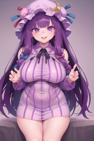 patchouli knowledge, 1girl,purple hair,purle eyes,long hair, mob cap,crescent hat ornament, ribbon,dress,
Big breasts, curvy, thick thighs, smile, happy,