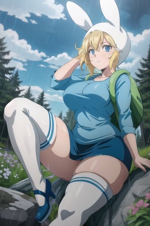forest, night, clouds, rain, Fionna, thighhighs, blue shirt, skirt, rabbit hood, bag, big breasts, thick thighs, gray sky, water,