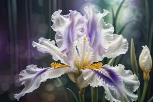 highly detailed, a purple white iris blossom in a soft misty mood, soft lighting, illustration, semi transparent glass like, extremely close up, low contrast, 8k, FlowerStyle, FlowerStyle,FlowerStyle