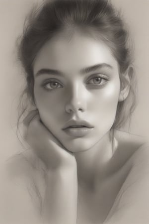 Sketch of a beautiful girl, portrait by Charles Miano, pastel drawing, illustrative art, soft lighting, detailed, more gray scale, elegant, low contrast, add soft blur with thin line,
